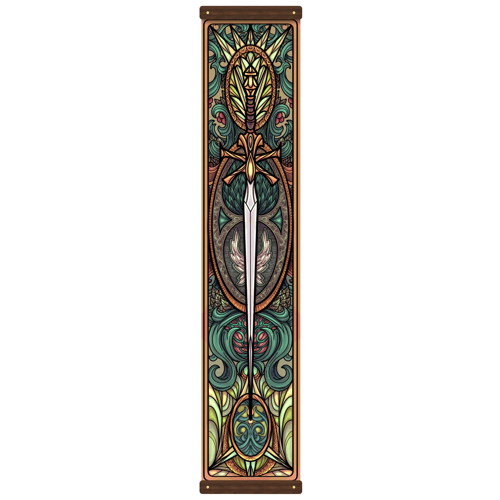 Tapestry Print Wall Hanging Banner- Sword Stained Glass Design and Genuine Walnut Wall Mounting Frame